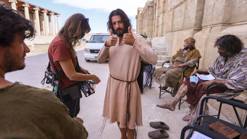 Jonathan Roumie, who plays Jesus, gives two thumbs-up during a pause in filming of a faith-based streaming series on the life of Christ called “The Chosen” at The Church of Jesus Christ of Latter-day Saints’ Jerusalem set in Goshen, Utah County, on Monday, Oct. 19, 2020.