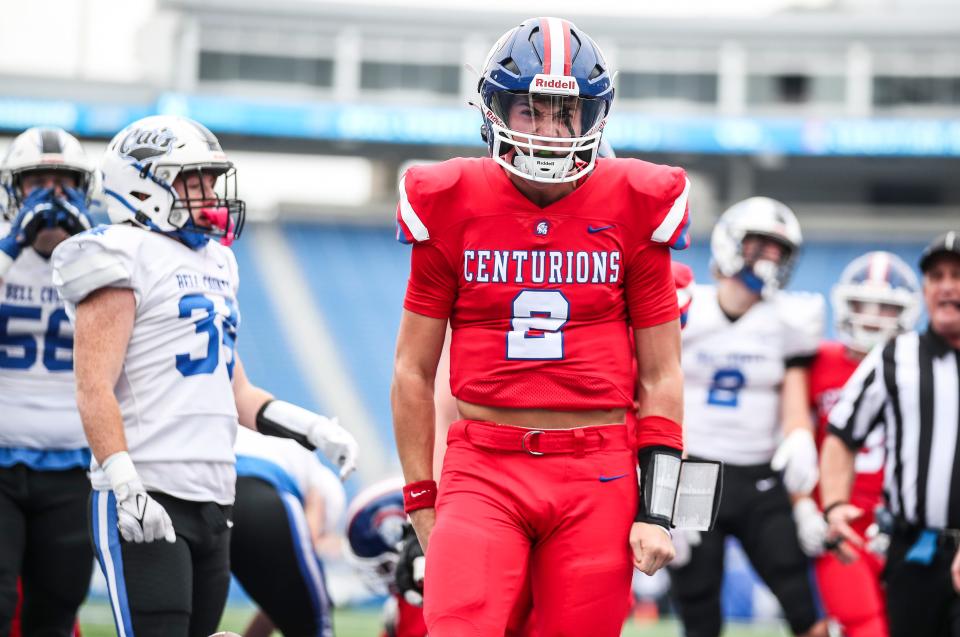 CAL's QB Cole Hodge reacts after scoring the Centurions first touchdown in the first half of the 2023 3A football championship Saturday at Kroger Field in Lexington, Ky. Dec. 2, 2023