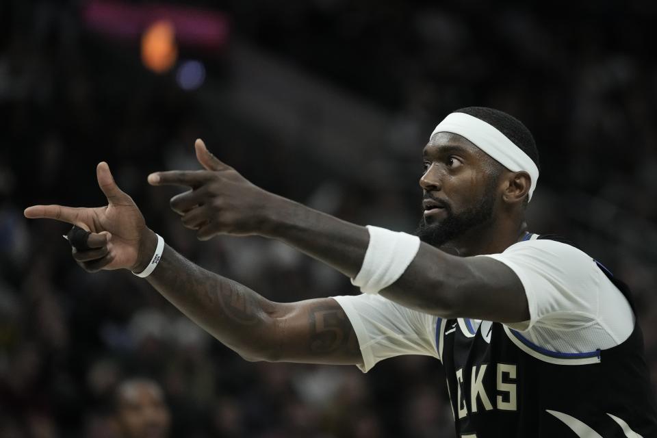 Milwaukee Bucks' Bobby Portis reacts to a call during the second half of an NBA basketball game against the Cleveland Cavaliers Friday, Nov. 25, 2022, in Milwaukee. (AP Photo/Morry Gash)