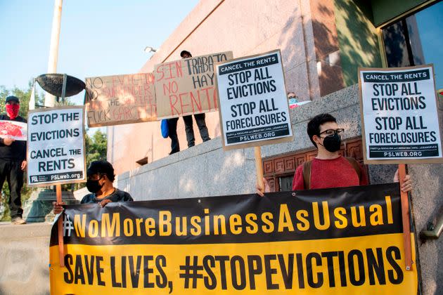 Renters and housing advocates protest to cancel rent and stop evictions amid the coronavirus pandemic on Aug. 21, 2020, in Los Angeles. (Photo: VALERIE MACON via Getty Images)