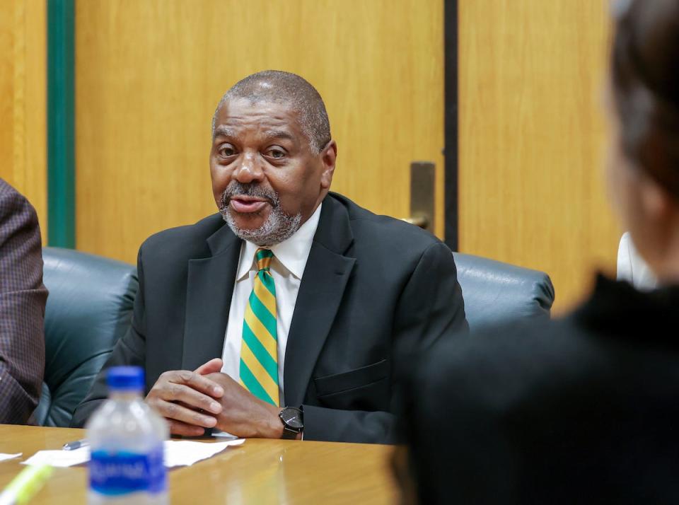 FAMU’s Title 3 Programs Executive Director Erik Akins speaks to members of the U.S. Department of Education visit FAMU’s recently purchased Rattler Pointe housing Wednesday April 26, 2023. The units were purchased with HEERF funds.