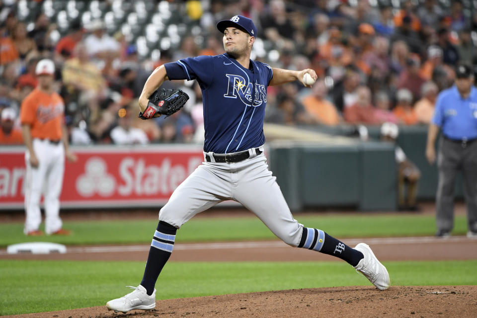 Tampa Bay Rays starting pitcher Shane McClanahan delivers against the Baltimore Orioles during the first inning of a baseball game Saturday, Aug. 7, 2021, in Baltimore. (AP Photo/Will Newton)