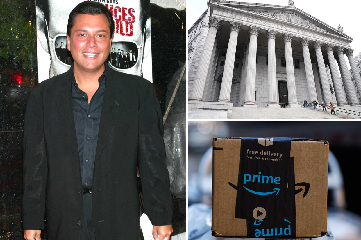 Writer/director/producer Chris Gambale, left in red carpet pic wearing black suit; manhattan supreme court, top right; amazon package bottom right