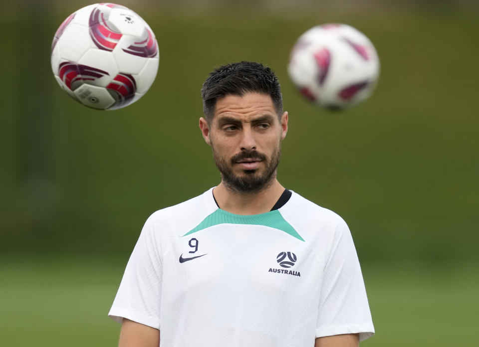 Australia's Bruno Fornapoli takes part in the training session of the national team, in Doha, Qatar, Saturday, Jan. 27, 2024. Australia will play against Indonesia on Sunday for the round of 16 of the Asian Cup. (AP Photo/Thanassis Stavrakis)