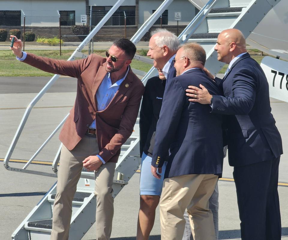 Democratic vice presidential nominee Tim Walz lands at Erie International Airport in Erie, Pennsylvania on September 5, 2024.