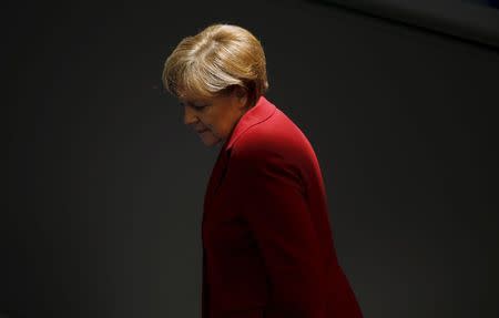 German Chancellor Angela Merkel attends a debate at the Bundestag, the lower house of parliament, in Berlin, Germany in this March 19, 2015 file photo. REUTERS/Fabrizio Bensch/Files