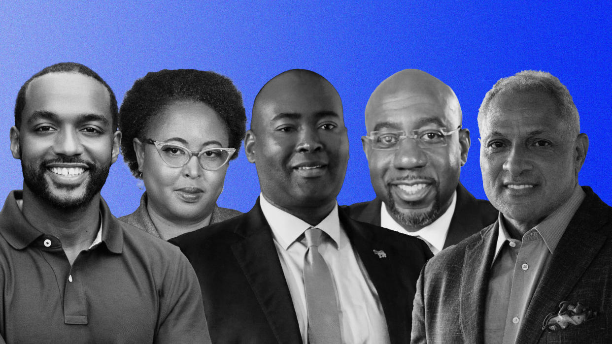 From left: Democratic Senate candidates Adrian Perkins, Marquita Bradshaw, Jamie Harrison, Raphael Warnock and Mike Espy. (Photo: Illustration: HuffPost; Photos: AP/Campaign Handouts)