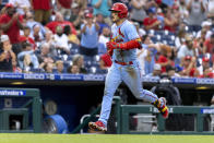 St. Louis Cardinals' Nolan Arenado runs the bases after hitting a home run during the ninth inning of the team's baseball game against the Philadelphia Phillies, Saturday, July 2, 2022, in Philadelphia. (AP Photo/Laurence Kesterson)