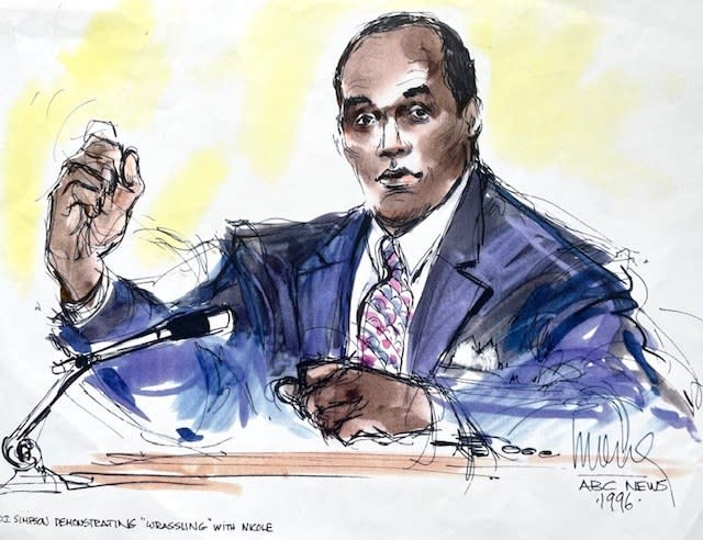 O.J. Simpson testifies that the injuries Nicole Simpson said she received from him assaulting her were a result of him 