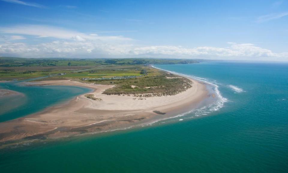 Ynyslas aerial view of beach, dunes and Dovey estuary