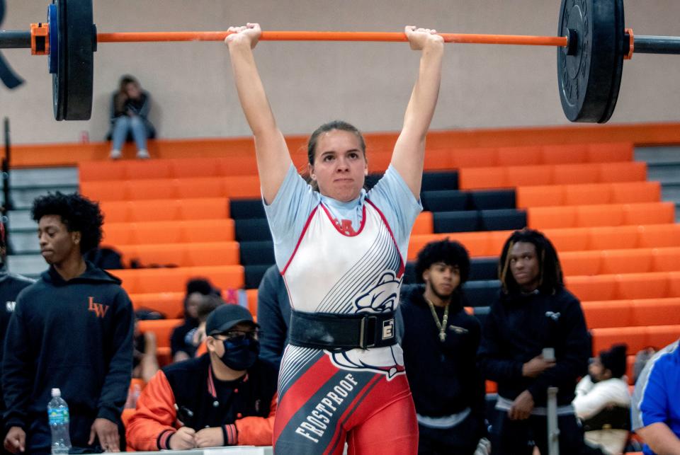 Frostproof's Alisa Mendes wins the 154-pound division on Saturday at the 2022 Polk County Girls Weightlifting Meet at Lake Wales High School.