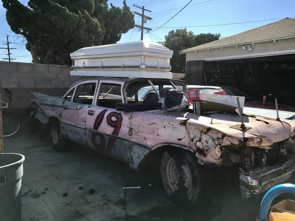 One of Louise’s race cars with a casket on top in 2018 (Collect/PA Real Life)