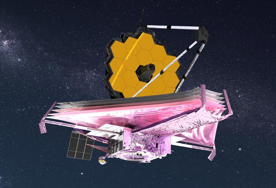 illustration of the james webb space telescope, with a golden honeycomb mirror configuration on board a silver solar shield with pink reflections.