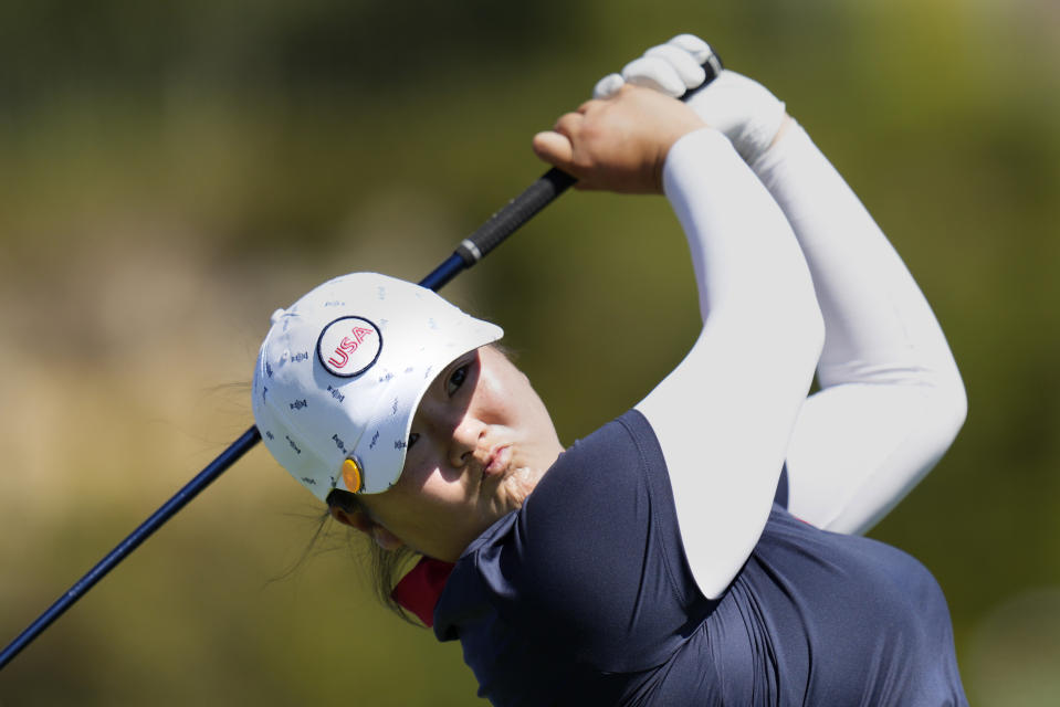 United States' Angel Yin plays her tee shot on the 4th hole during her single match at the Solheim Cup golf tournament in Finca Cortesin, near Casares, southern Spain, Sunday, Sept. 24, 2023. Europe play the United States in this biannual women's golf tournament, which played alternately in Europe and the United States. (AP Photo/Bernat Armangue)