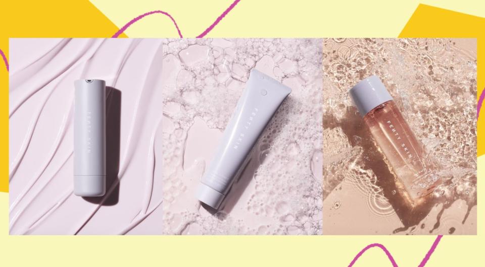 Fenty Skin has three new products: <a href="https://fave.co/3k5L7uq" target="_blank" rel="noopener noreferrer">Total Cleans&rsquo;r Remove-It-All Cleanser</a> ($25), <a href="https://fave.co/3jPsoTL" target="_blank" rel="noopener noreferrer">Fat Water Pore-Refining Toner Serum</a> ($28) and <a href="https://fave.co/39E1w4o" target="_blank" rel="noopener noreferrer">Hydra Vizor Invisible Moisturizer Broad Spectrum SPF 30 Sunscreen</a> ($35). You can get the three products in a <a href="https://fave.co/2XbAbl0" target="_blank" rel="noopener noreferrer">starter set for $75</a>. (Photo: HuffPost )