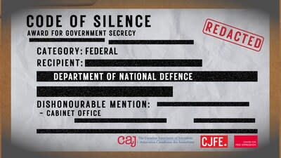 The Code of Silence Awards are presented annually by the CAJ, the Center for Freedom of Expression (CFE) at Toronto Metropolitan University, and the Canadian Journalists for Freedom of Expression (CJFE). This award calls the public's attention to governments or public funding agencies that are working hard to conceal information that the public has a right to access under the Information Act.  (CNW Group/Canadian Journalists Association)