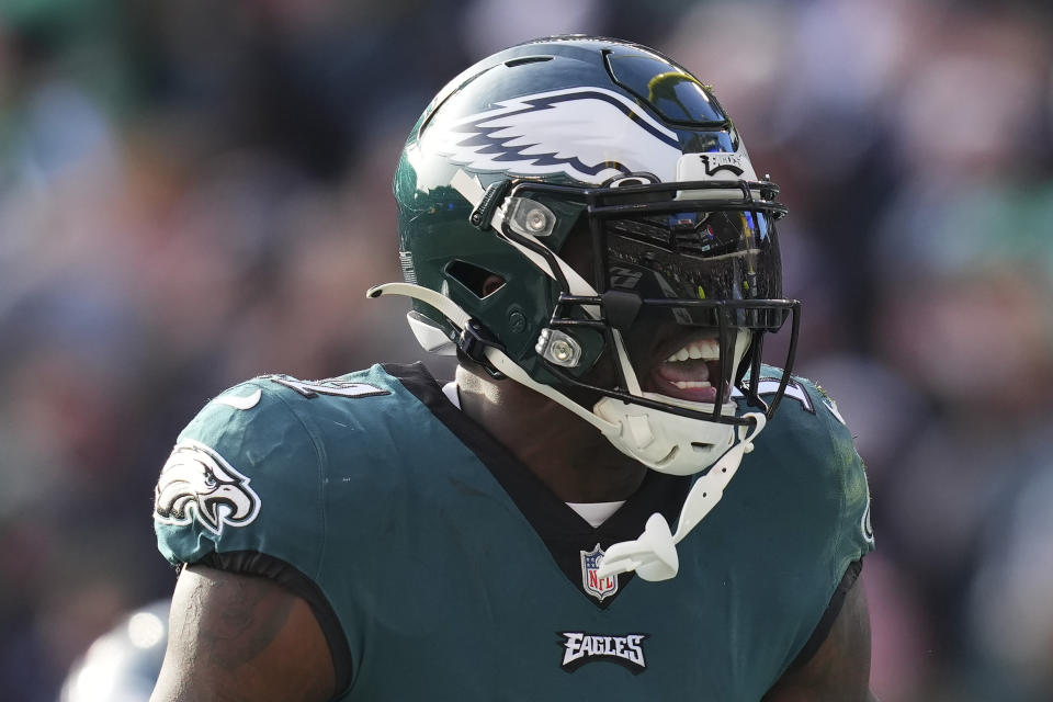 PHILADELPHIA, PA - DECEMBER 04: A.J. Brown #11 of the Philadelphia Eagles reacts after a touchdown against the Tennessee Titans at Lincoln Financial Field on December 4, 2022 in Philadelphia, Pennsylvania. (Photo by Mitchell Leff/Getty Images)