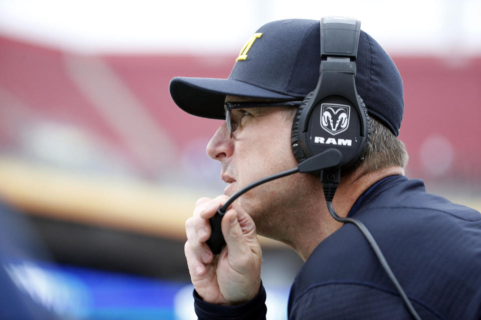 Jan 1, 2018; Tampa, FL, USA; Michigan Wolverines head coach Jim Harbaugh looks on against the South Carolina Gamecocks during the first half of the 2018 Outback Bowl at Raymond James Stadium. Mandatory Credit: Kim Klement-USA TODAY Sports