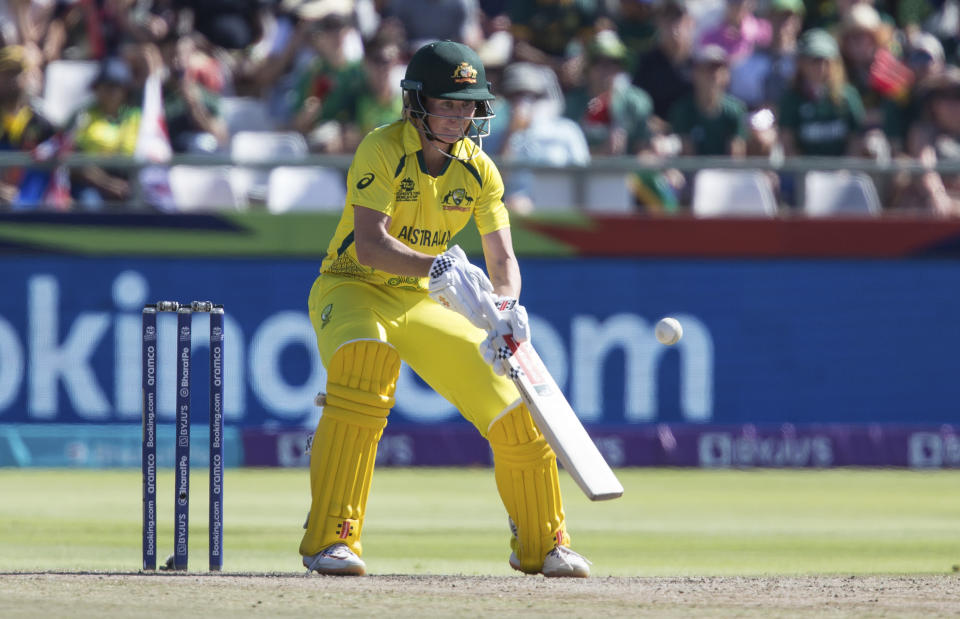 Australia's Beth Mooney plays a shot, during the Women's T20 World Cup semi final cricket match between South Africa and Australia, in Cape Town, South Africa, Sunday Feb. 26, 2023. (AP Photo/Halden Krog)