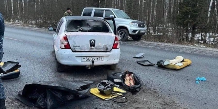 The car allegedly driven by the suspects in the Crocus City Hall shooting, according to Russian security forces, in the Bryansk Oblast