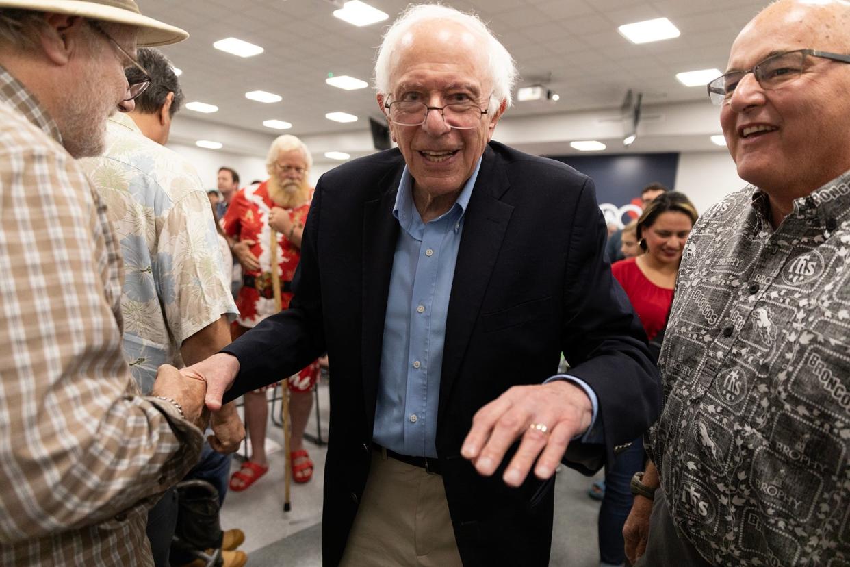 Sen. Bernie Sanders of Vermont, a former presidential candidate, speaks at a rally at the Plumbers and Steamfitters United Association Local 400 in Kaukauna on Thursday for his Building Working Class Power campaign.