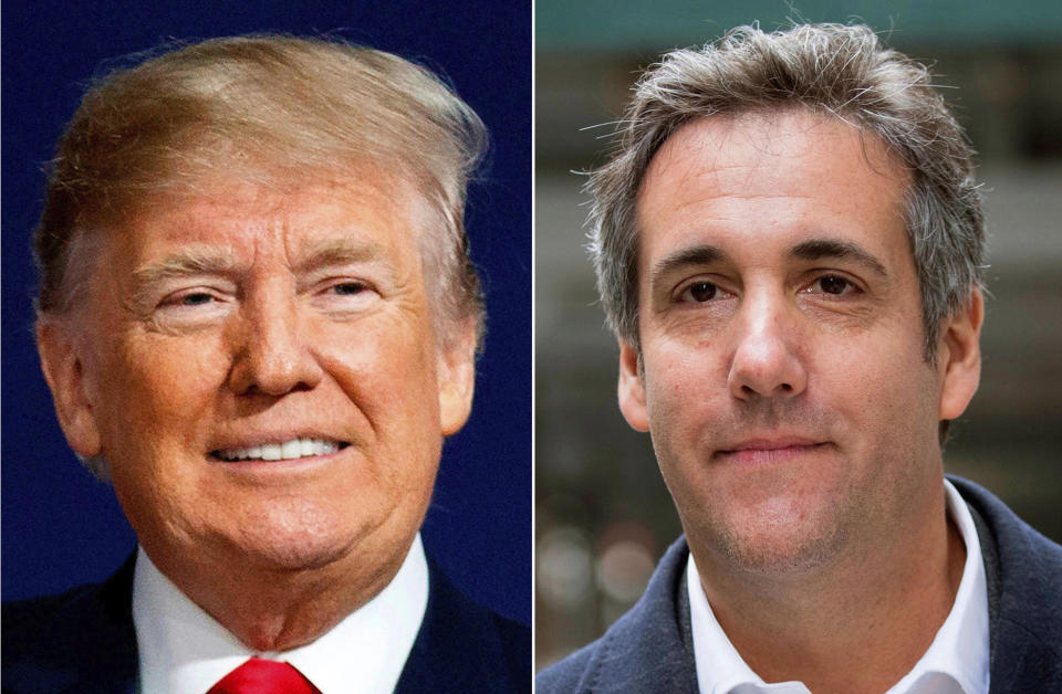 FILE - This file combination photo shows President Donald Trump and attorney Michael Cohen. Cohen’s memoir about Trump will be released Sept. 8, 2020, by Skyhorse Publishing, which confirmed the news Thursday, Aug. 13, 2020, to The Associated Press. (AP Photo/File)
