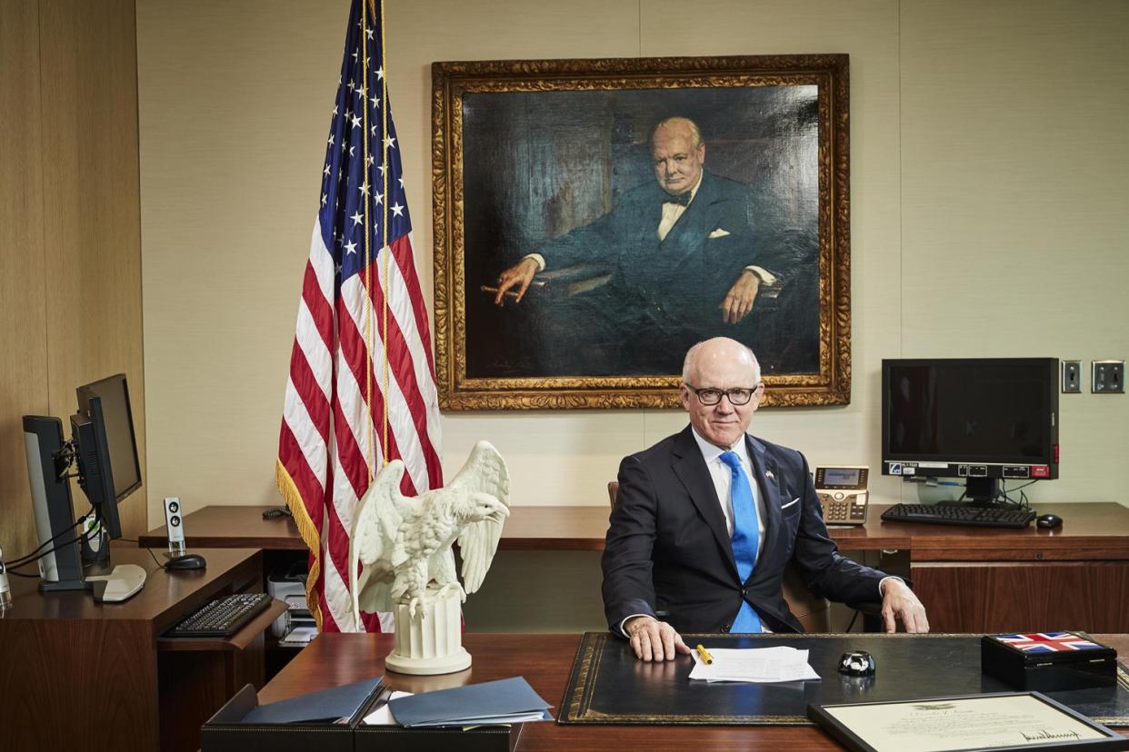 The special relationship: Robert “Woody” Johnson in front of a portrait of Winston Churchill in his office at the US Embassy: Channel 4 / Jude Edginton