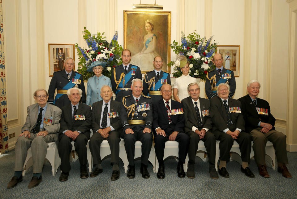 LONDON, ENGLAND - JULY 10: (top row L-R) Prince Richard, Duke of Gloucester, Princess Alexandria, Prince William, Duke of Cambridge, Prince Edward, Earl of Wessex, Sophie, Countess of Wessex, Prince Edward, Duke of Kent, (bottom row L-R) Wing Commander Terence Kane, Flying Officer Ken Wilkinson, Squadron Leader Tony Pickering, Chief of the Air Staff (CAS) Sir Andrew Pulford, Prince Philip, Duke of Edinburgh, Wing Commander Paul Farnes, Pilot Geofrey Wellum and Wing Commander Tom Neil pose for a group photo during a pre-lunch reception at the RAF Club to commemorate the 75th Anniversary Of The Battle Of Britain on July 10, 2015 in London, England.  (Photo by Steve Parsons - WPA Pool /Getty Images)