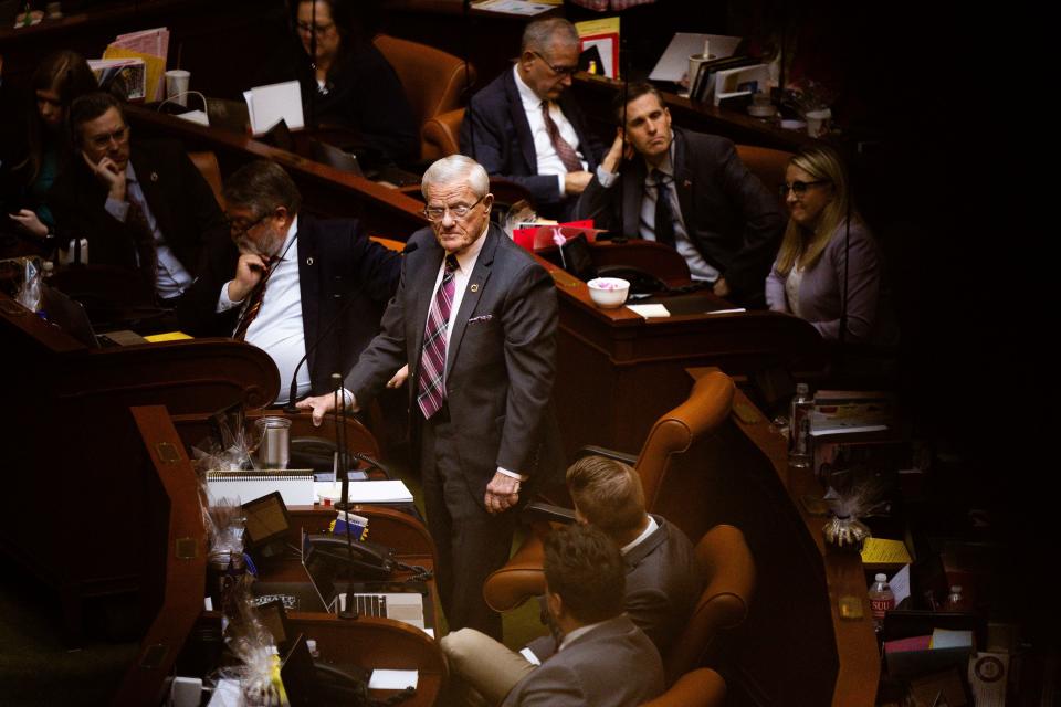 Rep. Dan Johnson, R-Logan, speaks to the House Concurrent Resolution Condemning and Censuring State School Board Member Natalie Cline in the House chamber at the Capitol in Salt Lake City on Thursday, Feb. 15, 2024. | Megan Nielsen, Deseret News