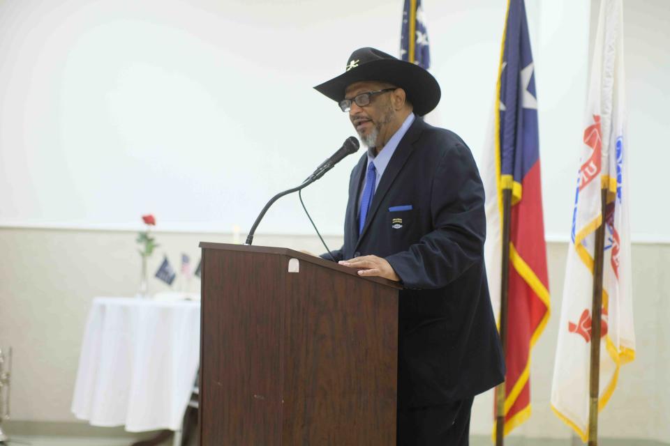 Local KGNC host David Lovejoy addresses the audience as featured speaker Saturday at the Veteran's Honor Banquet at the Amarillo United Citizen's Forum in Amarillo.