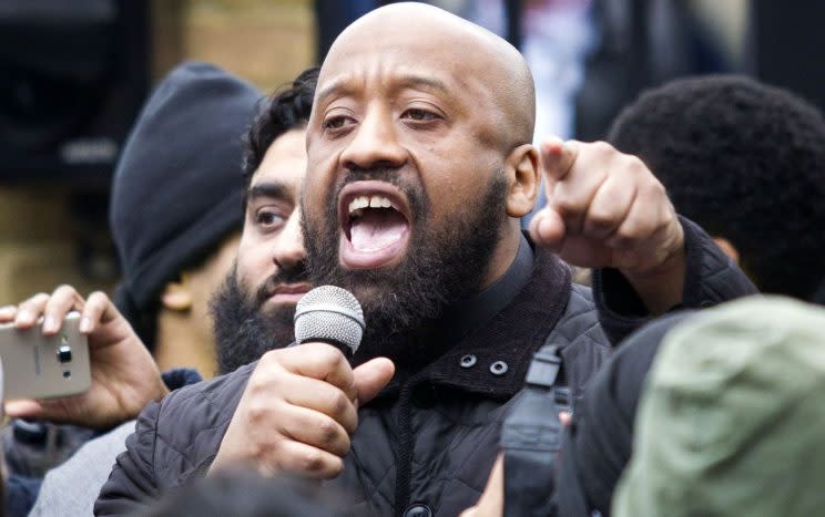 Behind bars: Abu Izzadeen pictured addressing a crowd outside Regents Park Mosque in April 2015 (REX/Shutterstock) 