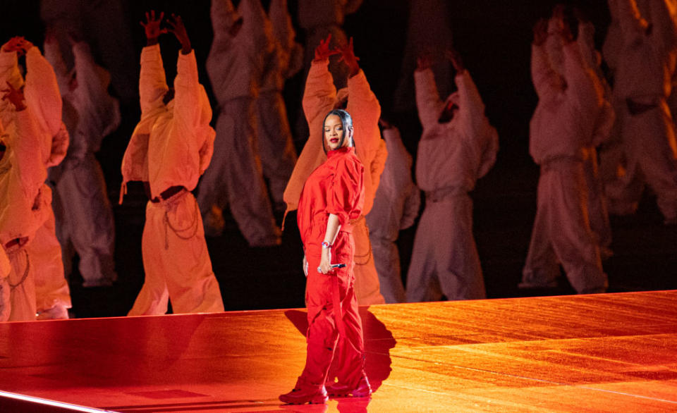 Rihanna performs at the Apple Super Bowl LVII Halftime Show held at State Farm Stadium on February 12, 2023 in Glendale, Arizona.