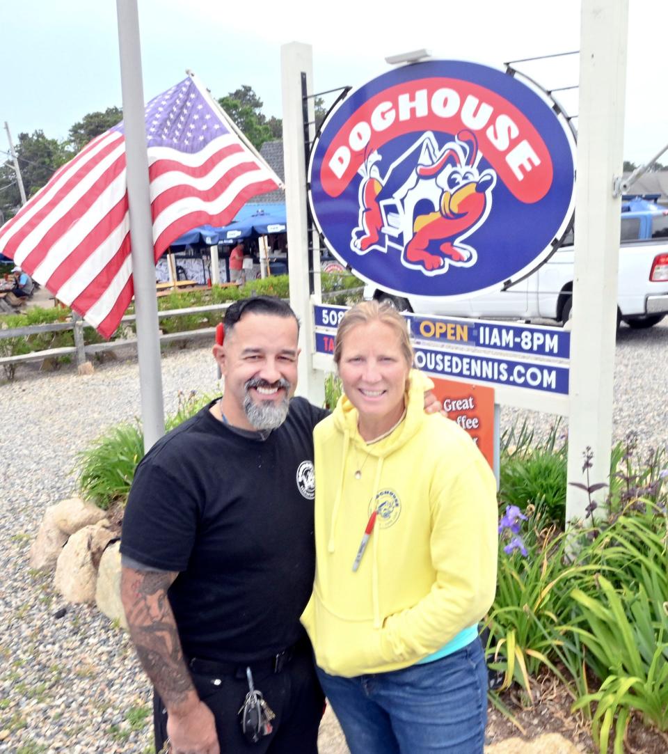 Owners Michael and Libby Martir in front of the The Hotdog Restaurant in Dennis Port,