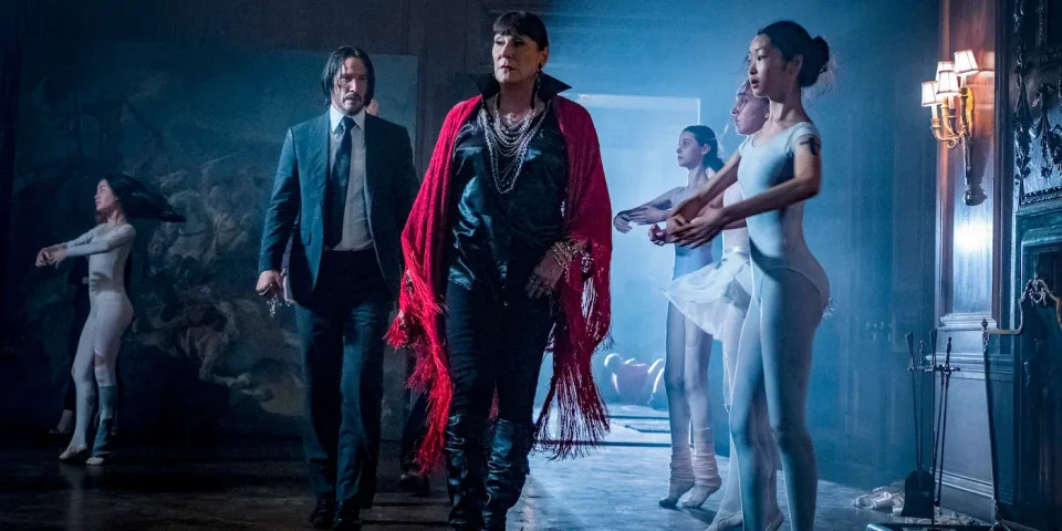 Keanu Reeves and Anjelica Huston in John Wick 3. (Credit: Lionsgate)