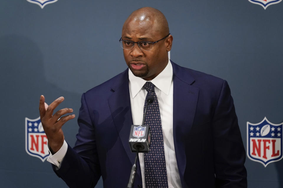 Troy Vincent, Executive Vice President of Football Operations at the NFL, speaks to reporters during NFL meetings in New York, Tuesday, Oct. 26, 2021. (AP Photo/Seth Wenig)