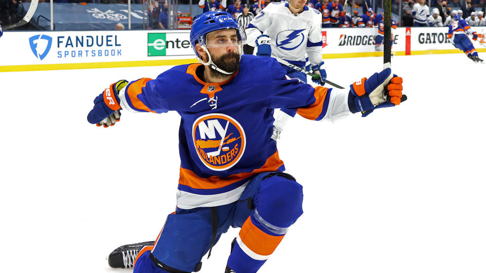 UNIONDALE, NEW YORK - JUNE 23:  Jordan Eberle #7 of the New York Islanders celebrates after scoring a goal against the Tampa Bay Lightning during the second period in Game Six of the Stanley Cup Semifinals during the 2021 Stanley Cup Playoffs at Nassau Coliseum on June 23, 2021 in Uniondale, New York. (Photo by Bruce Bennett/Getty Images)