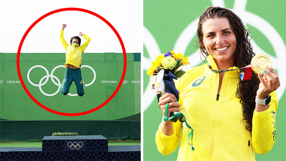 Jess Fox (pictured right) smiling with her gold medal and (pictured left) jumping in the air on the podium in Tokyo.