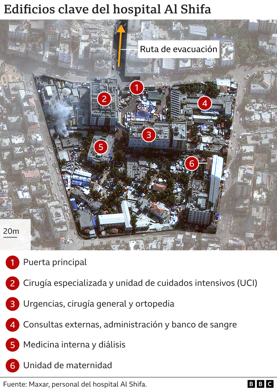 Imagen satelital que muestra los principales edificios del Hospital Al Shifa en Gaza