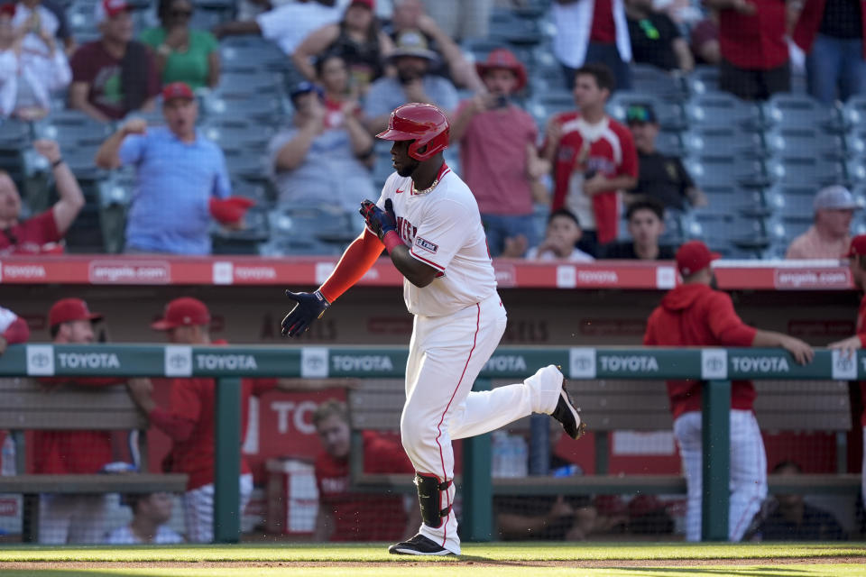 Los Angeles Angels' Miguel Sano gestures after hitting a solo home run against the Detroit Tigers during the second inning of a baseball game Thursday, June 27, 2024, in Anaheim, Calif. (AP Photo/Ryan Sun)