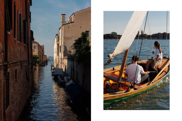 <p>Camilla Glorioso</p> From left: A canal in the Cannaregio neighborhood that opens onto the lagoon; a lesson with Venice on Board, which teaches traditional rowing and sailing techniques.