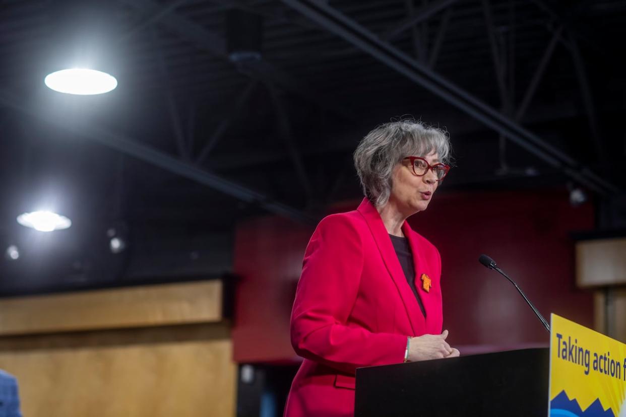 Jennifer Whiteside, B.C's minister of mental health and addictions, is pictured at the future home of the Foundry facility in Surrey, B.C. The province says 10 new Foundry centres are being developed, to bring the total to 35.  (Ben Nelms/CBC - image credit)