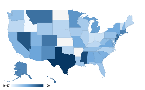 The above map shows percent changes in IU's enrollment population by state between 2018 and 2023. Dark blue indicates increases in enrollment, while white shows decreases. The New England area saw growth in enrollment population, while growth in the Midwest generally slowed.