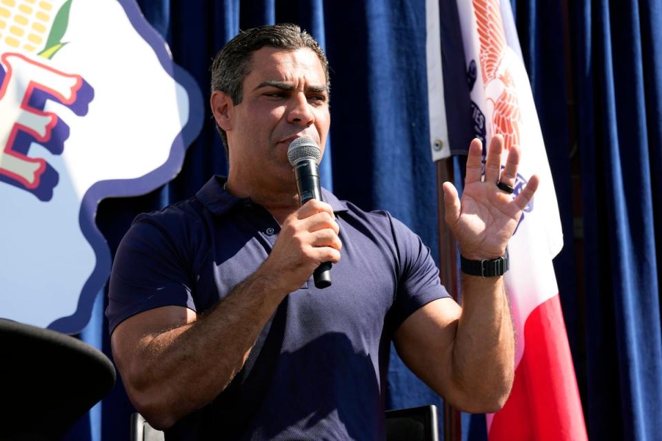 Republican presidential candidate Miami Mayor Francis Suarez speaks during a Fair-Side Chat with Iowa Gov. Kim Reynolds at the Iowa State Fair, Friday, Aug. 11, 2023, in Des Moines, Iowa (AP)