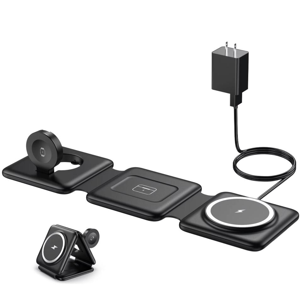 foldable black charging station with illustrated labels
