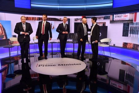 Boris Johnson, Jeremy Hunt, Michael Gove, Sajid Javid and Rory Stewart appear on BBC TV's debate with candidates vying to replace British PM Theresa May, in London