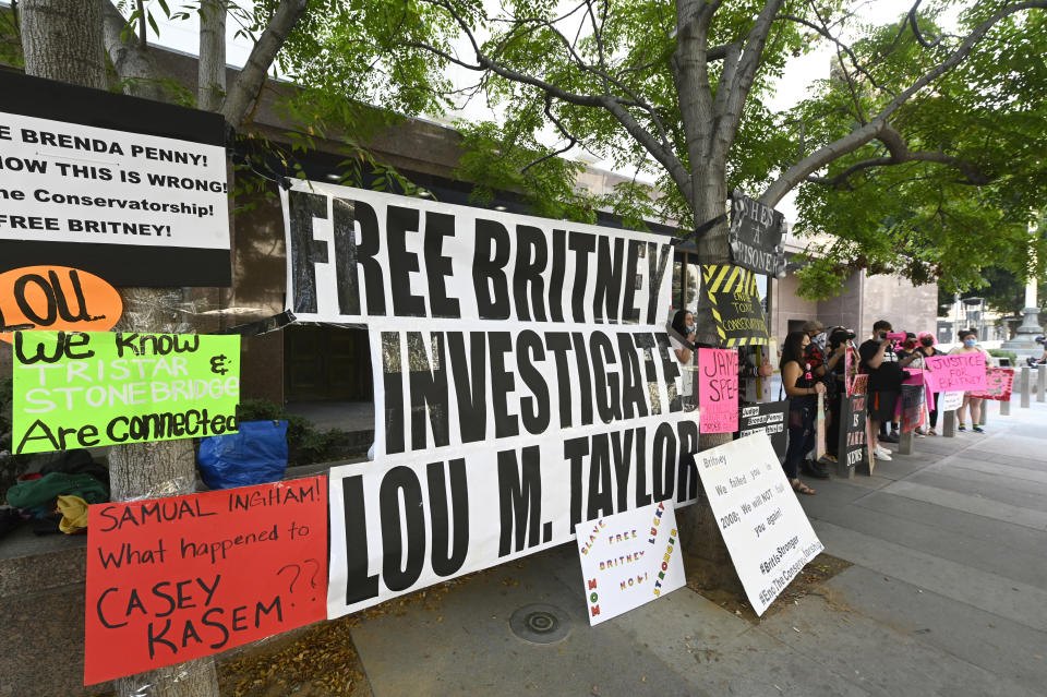 Supporters of Britney Spears display signs at a #FreeBritney protest