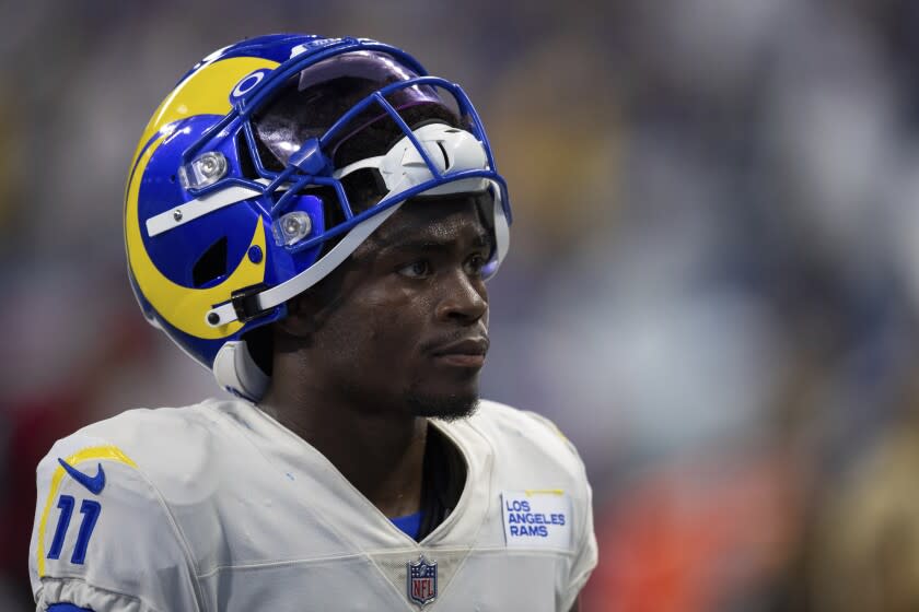 Los Angeles Rams cornerback Darious Williams (11) walks off the field after an NFL football game against the Indianapolis Colts, Sunday, Sept. 19, 2021, in Indianapolis. (AP Photo/Zach Bolinger)