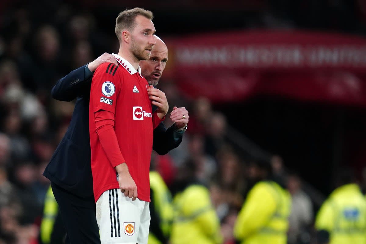 Christian Eriksen, left, looks set to make an early comeback from an ankle injury, according to Erik ten Hag (David Davies/PA) (PA Wire)