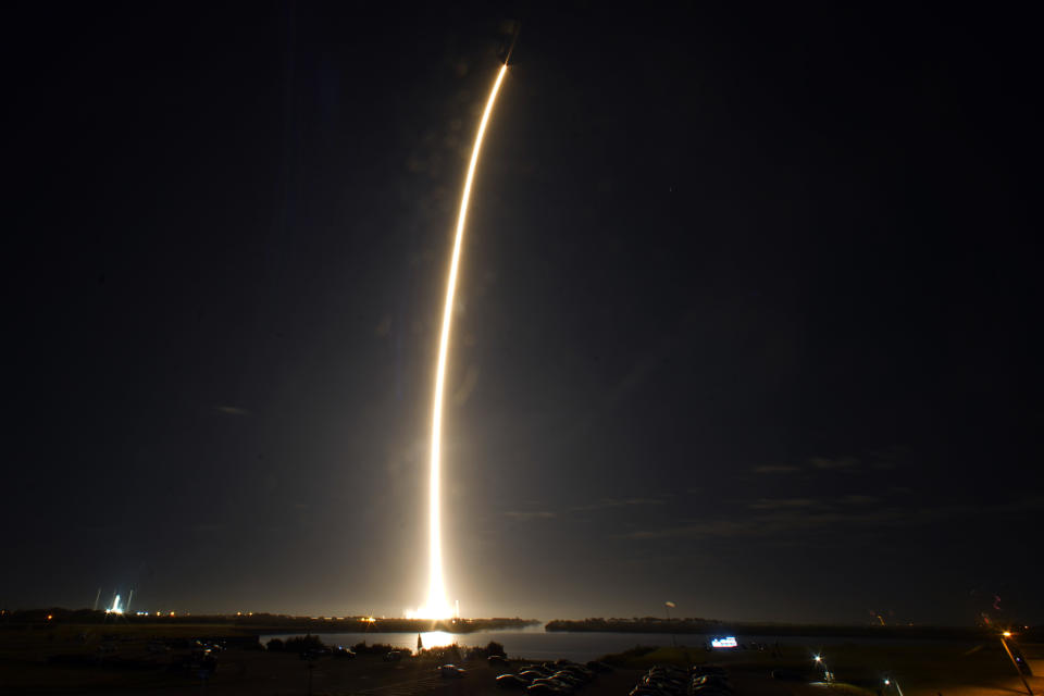 A SpaceX Falcon 9 rocket lifts off from pad 39A at Kennedy Space Center in Cape Canaveral, Fla., early Thursday, Feb. 15, 2024. The mission's goal is to deliver science payloads to the surface of the moon. (AP Photo/John Raoux)