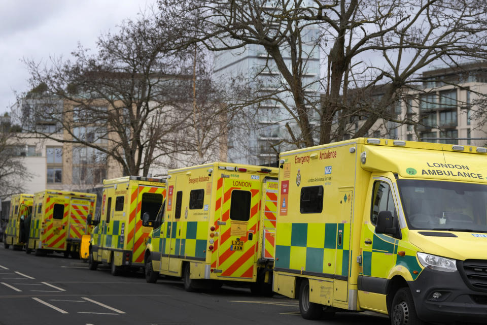 A line of ambulances as ambulance workers strike in London, Wednesday, Jan. 11, 2023. Around 25,000 U.K. ambulance workers have gone on strike as they walked out for the second time since December in an ongoing dispute with the government over pay. The industrial action by paramedics, drivers and call handlers was the latest in a wave of strikes in recent months. (AP Photo/Kirsty Wigglesworth)